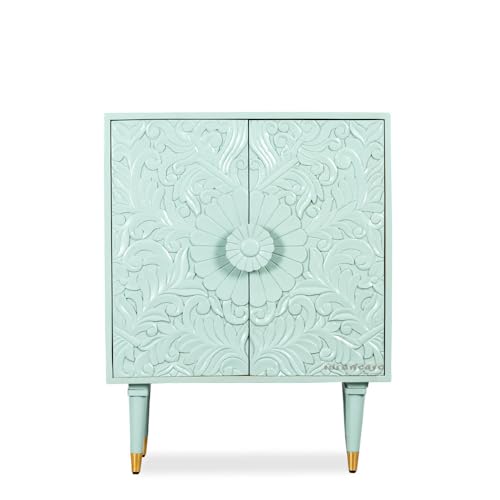 Image of Aerka Wooden Sideboard Cabinet for Living Room | Handcrafted Wooden Cabinet for Storage with Carved Doors | Cabinet for Home | Wooden Storage Furniture for Home | Light Green