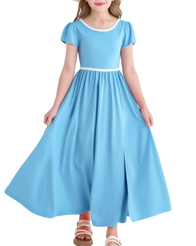 Girls Summer Dresses Tween Back to School Outfits Short Sleeve Flowy Casual Long Maxi Dress for 7-12 Years