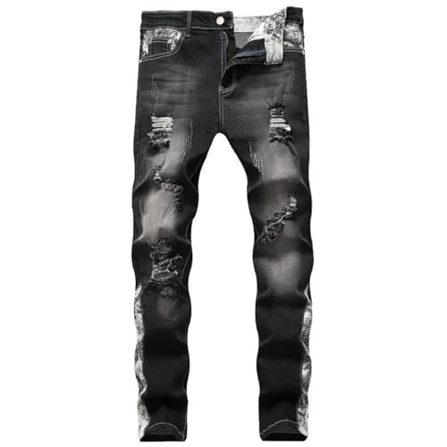 Jeans Pants Trousers Denim Trendy Street Tear Hole Retro Splicing Blue Black Stretch Elastic Slim Casual Straight Leg for Men2