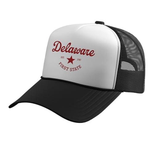 Delaware Est. 1787 The First State Pride Trucker Hat with Adjustable Mesh Back, Black/White