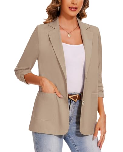 MINTLIMIT Women's Summer Linen Blazer Jackets 3/4 Sleeve Casual Lightweight Notch Lapel Button Blazers Pocket4
