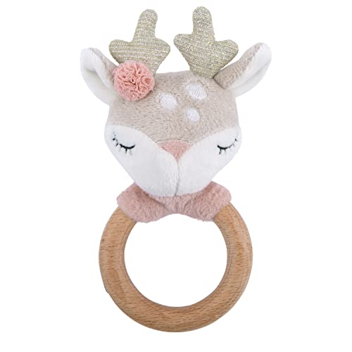Bieco Hochet anneau pour bébé | Cerf Ø 10 cm | Longueur 17 cm | Hochet jouet avec anneau en bois | Jouets sensoriels | Jouets pour enfants 0-6 mois | Hochet en tissu |