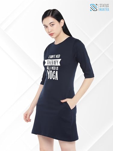 Image of STATUS MANTRA Women's Long T-Shirt Dress - Cotton Casual Knee Length Dress with 3 /4 Sleeves | Soft Bio-Washed Fabric, Crew Neck, Relaxed Fit | Comfy Summer Lounge Wear