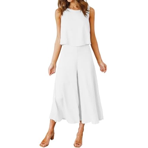 ROYLAMP Women's Summer 2 Piece Outfits Round Neck Crop Basic Top Cropped Wide Leg Pants Set Jumpsuits White XX-Large