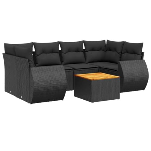 HFXHIJXQ 7-TLG. Juego de muebles de jardín, color negro, 62 x 62 x 69 cm, polirratán, sofá esquinero con mesa de madera de acacia y cojines, resistente a la intemperie, modular para terraza, jardín