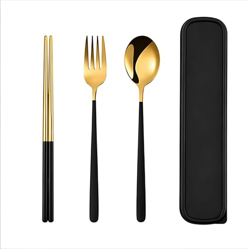Image of 3 Piece Premium Gold Stainless Steel Chopsticks Fork Spoon Set with Travel Case Non-Slip Dinnerware Cutlery Set Tableware Set for Gift (Gold Black)