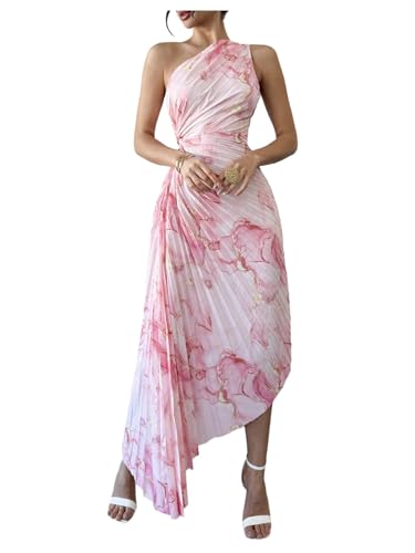 MakeMeChic Women's Tie Dye One Shoulder Dress Floral Asymmetrical Cut Out Drawstring Pleated Maxi Dresses Pink Large