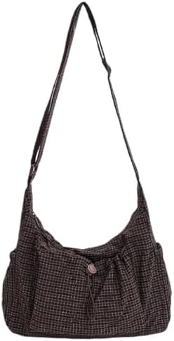 Korean Style Plaid Casual Shoulder Bag, Lightweight Checkered Crossbody Bag with Adjustable Strap, Cotton Quilted Fabric