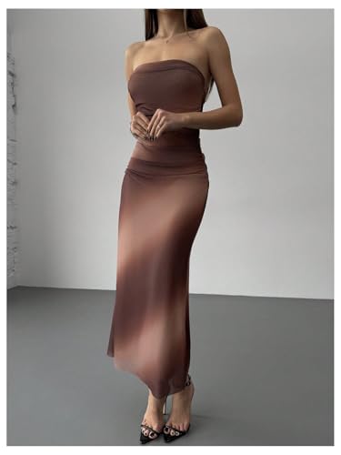Image of GORGLITTER Women's Sunset Ombre Strapless Cocktail Bridal Shower Midi Dress | Orange Wedding Guest Dress, Mesh Tube Dress, Bridesmaid Dresses, Vacation Beach Sundresses,