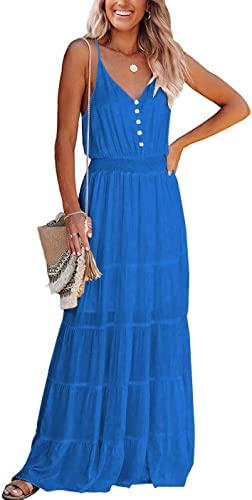 PRETTYGARDEN Women's Casual Summer Dress Spaghetti Strap Sleeveless High Waist Beach Long Maxi Sun Dresses (Lake Blue,X-Large)