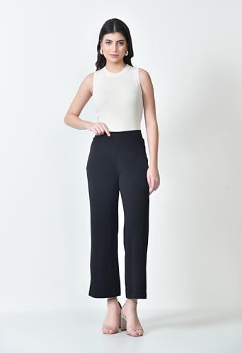 Image of Women's High Waist Straight Fit Trousers,Solid Korean Stretchable Pants for Women, Regular Fit Elastic Waist Full Length Formal Trouser,Casual,Office Wear