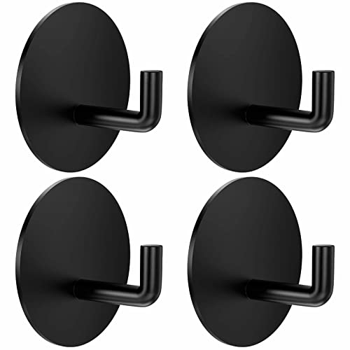 Adhesive Hooks, Heavy Duty Stick on Wall Hooks Robe Towel Hook for Bathroom, Round Self-Adhesive Hook for Hanging Towels Clothes Waterproof Stainless Steel, Black 4 Packs