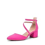 DREAM PAIRS Women's Closed Pointed Toe Low Chunky Heels Pumps Ankle Strap Wedding Business Dressy Shoes,Size 8,HOT Pink-Suede,SDPU2354W