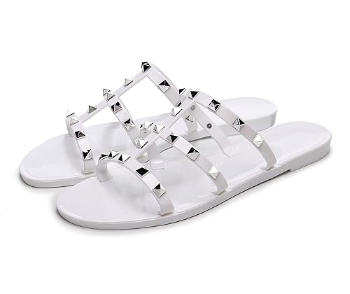 Image of Women Flats Sandals, Studded Jelly Shoes Size 9 Red Dressy Summer Beach Rivets Strappy Jellies Slide Slip On Open Toes