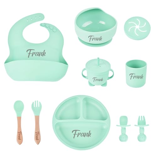 10 Pièces Assiette Coffret Repas Bebe avec Bol Silicone à Ventouse, Cuillères, Tasses, Bavoirs, Assiettes,Ensemble de vaisselle pour le sevrage du bébé,Compatible micro-ondes et lave-vaisselle