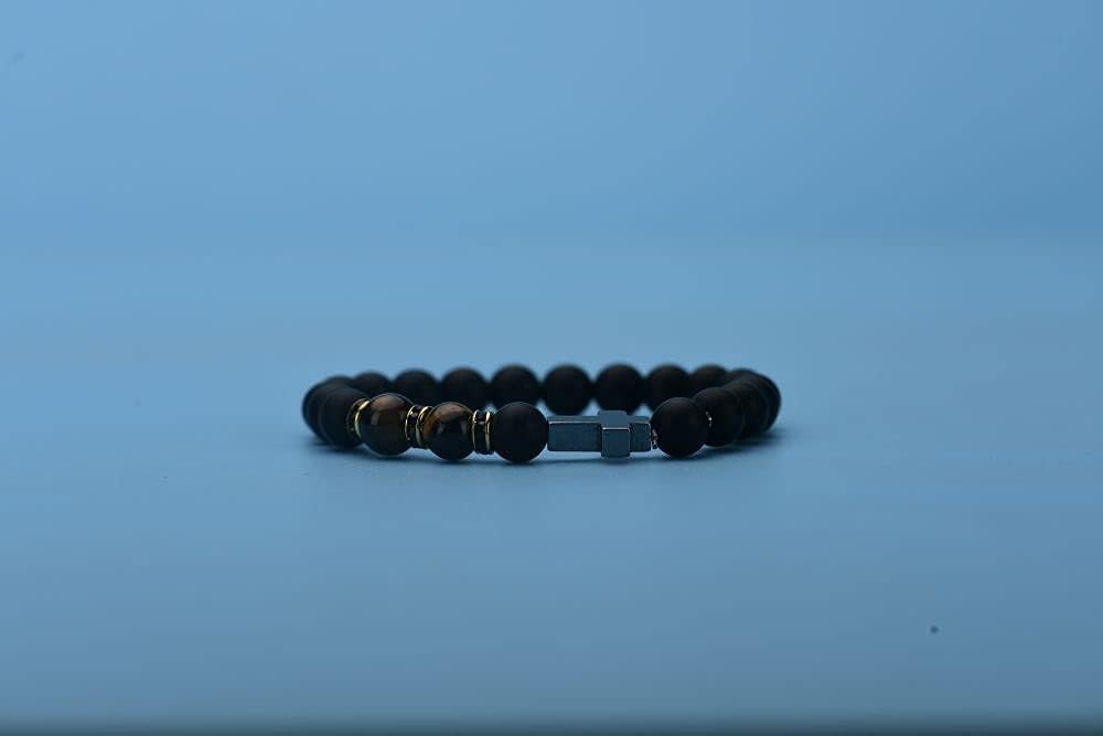 YangQian Cross Bracelet for Men Tiger Eye Catholic Rosary Bracelet for Men Boys Adjustable Natural Crystal Stone Bead Anti Anxiety Stretch Bracelet