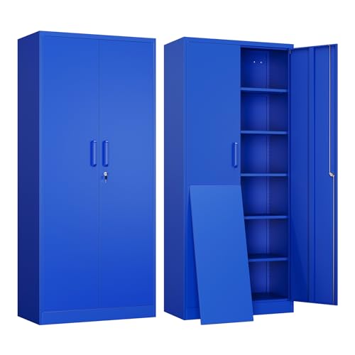 Image of Yizosh Metal Garage Storage Cabinet with 2 Doors and 5 Adjustable Shelves - 71 inch Steel Lockable File Cabinet,Locking Tool Cabinets for Office,Home,Garage,Gym,School (Blue)