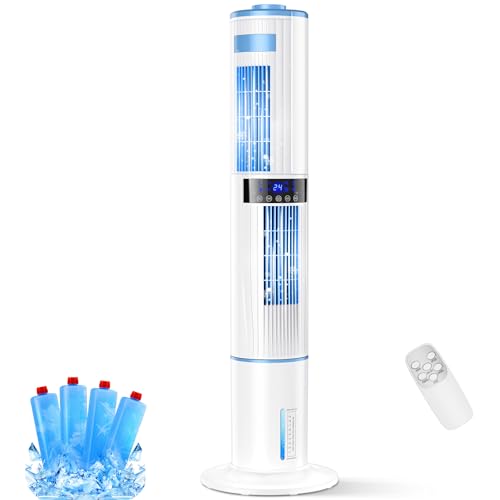 Aire Acondicionado Portatil Lofrritp, 360° y 60° Doble Rotación Automática, Enfriador de Aire 65W 4 Modos 3 Velocidades Climatizador Evaporativo, Temporizadores 1-24H, Control Remoto, 4 Bolsa de Hielo