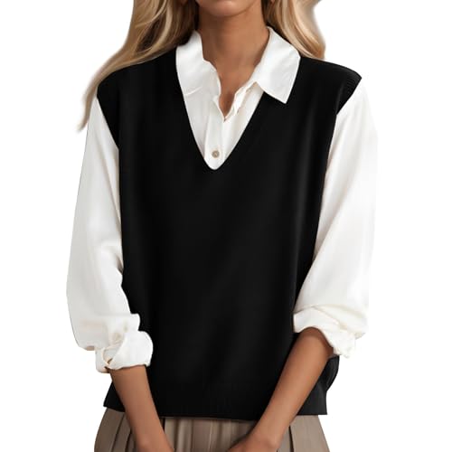 Générique Pull sans Manche Femme Col V Cachemire Gilet sans Manche Femme en Tricot Débardeur Couleur Unie Chaud Décontracté Basique Style Preppy Sweater Automne...
