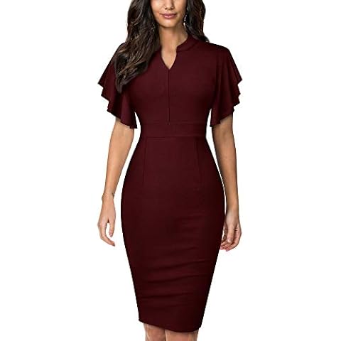HOMEYEE Women's Elegant Solid Color Ruffle Sleeve Stretch Business Party Dress B572 (M, Dark Red) Cover