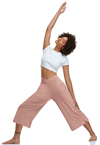 Image of TARSE Womens Casual Wide Leg Yoga Capris Crossover High Waist Capri Pants Loose Soft Pajama Pockets Sweatpants