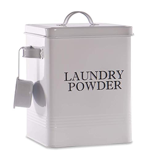 Laundry Powder Tin with Scoop | Washing Powder Storage Container | Soap Powder Caddy | Laundry Room Accessories | Detergent Storage | M&W (White)