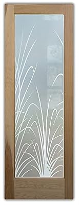 Frosted Glass Interior Door - Wispy Reeds - 1D Private Frosted - Foliage - 30" x 80" - Book/Slab Door - Hickory