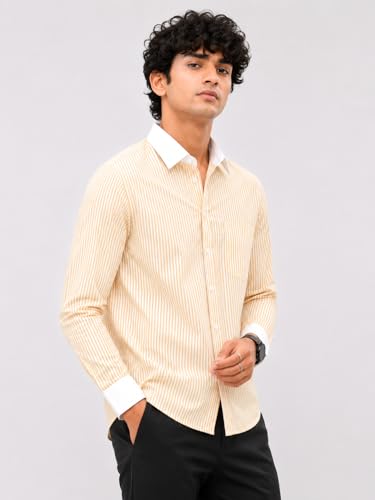 Image of Men's Striped Casual Shirt | White Collar & White Cuff Design | Full Sleeve Cotton Blend Shirt for Men | Slim Fit Stylish Casual Wear