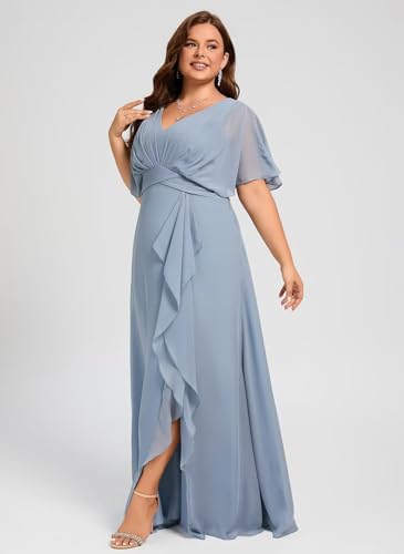 Dessiny Flutter Sleeves Plus Size Bridesmaid Dresses with Slit Chiffon V Neck Formal Party Dresses 2025 DE544
