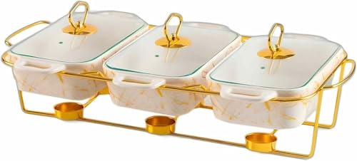 Juego de Estufas de cerámica para Buffet 3 en 1, 3 x 0.9 Cuartos de galón - Mesetas calefactoras para Alimentos - Juegos de Estufas y Estufas Buffet con Cubierta de Vidrio ~/, Negro (Blanco)