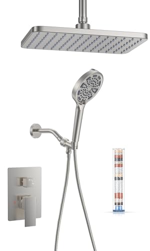 11" Brushed Nickel Rainfall Shower System – Complete Spa Faucet Set with Filtered Handheld Sprayer & Mixer Valve – Modern High Pressure Bathroom Fixture Trim Kit