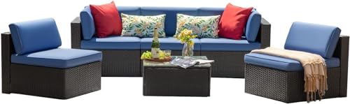 Image of 5 Seater Outdoor Patio Conversation Set Rattan&Wicker Sofa Set All Weather HDPE Seactional Couch Sofa Set Perfect for Balcony,Terrace,Garden,Backyard,Lawn (Blue)