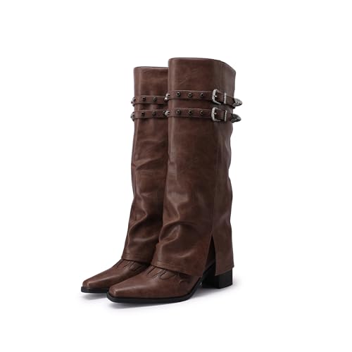 JANSEVEN Fold Over Boots for Women Overlay Knee High Boot Chunky Block Mid Heel Pull On Tall Boots Foldover Wide calf Boots3