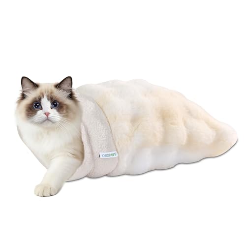 GOOPAWS 4 in 1 Self Warming Burrow Cat Bed, Pet Hideway Sleeping Cuddle Cave (Style2- Cream)