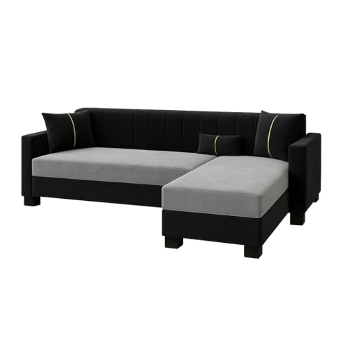Image of SOCOZI Alveria 4 Seater RHS L Shape Sofa Set | Soft Velvet Suede Fabric | Modern Design | Plush Comfort Cushions for Living Room (Light Grey-Black)