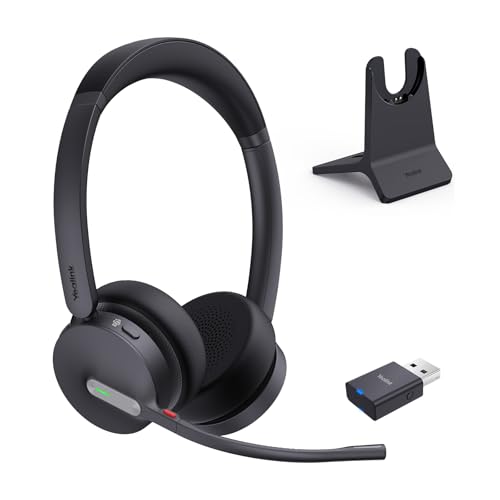 Yealink WH64 Hybrid Wireless Headset Dongle & Charging Stand, 492ft Range DECT&Bluetooth Headphones for Teams, Zoom UC,Dual Ear Noise Cancelling Portable Headsets with 3X Mic, 32H Calls,(PC/Phone)