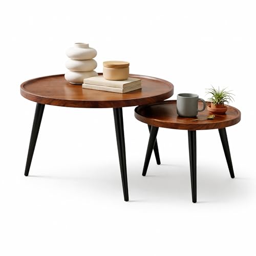 Round Coffee Table Set of 2 - Modern Nesting Design, Wood & Metal Small Tables for Living Room, Space-Saving Center Tables for Small Spaces, Industrial Style Furniture (23.6” & 19”)