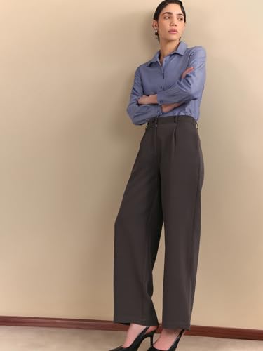 Image of FableStreet Women's Formal Trousers | High-Rise Pleated Wide-Leg Design | Solid Pattern with Plain Weave | Comfortable Office Wear for Business Meetings & Formal Events