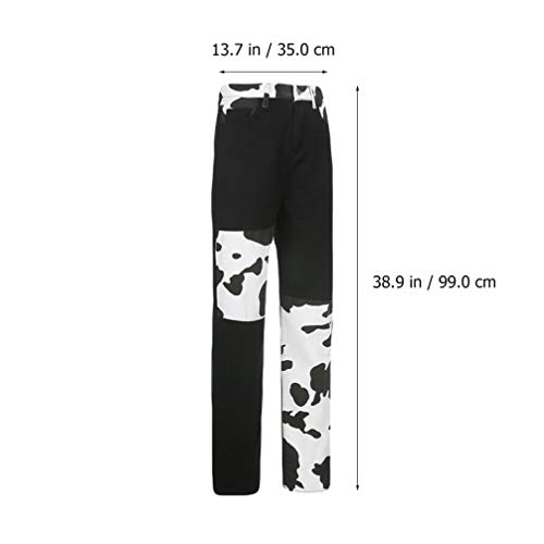 KESYOO Jeans Feminino Cow Jeans Patchwork Jeans Jeans de Cintura Alta Jeans Slim Calça Reta Patch Ca