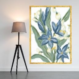 Tableau mural floral bleu peinture abstraite nature cadre 80x110cm