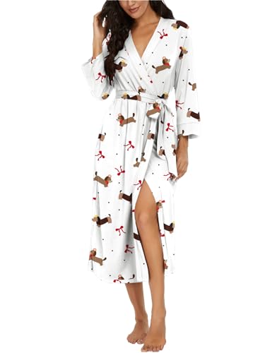 Image of VINTATRE Robes for Women Long Knit Bathrobe XS-4XL | 3 /4 Sleeve Bathrobes with Pockets, Stretchy and Lightweight Fabric, Inner Tie and Fixed Outer Belt, Mid Calf Length