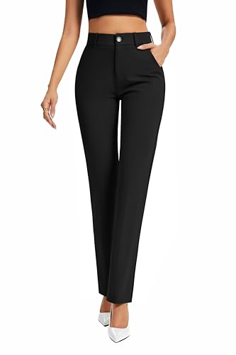 FUNYYZO Women's Work Pants Elastic Waisted Straight Leg Business Slacks Outfits with Pockets2