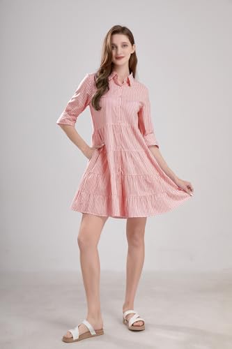 Image of utcoco Womens Striped Button Down Midi Shirt Dress Casual Loose Cuffed Long Sleeve Mid Long Dresses