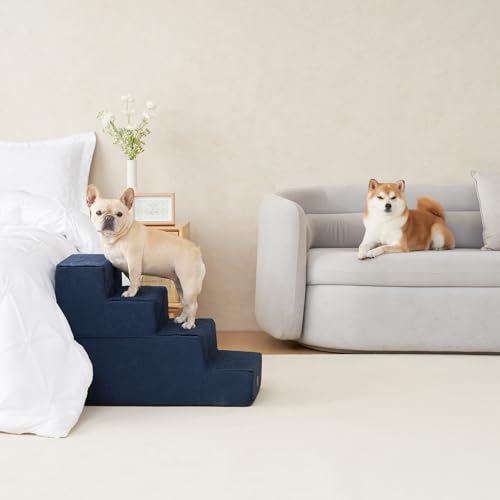 Image of EHEYCIGA Dog Stairs for Bed 20 inch H, 4-Step Extra Wide Dog Steps for High Bed, Pet Steps for Small Dogs and Cats, Non-Slip Balanced Pet Ramp Indoor, Navy Blue