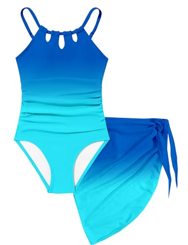 Image of KANGKANG Girls Swimsuit Quick Dry Cut Out One Piece Swimsuits with Tropical Print Cover Up Skirt Bathing Suit Swimwear 7-18Y