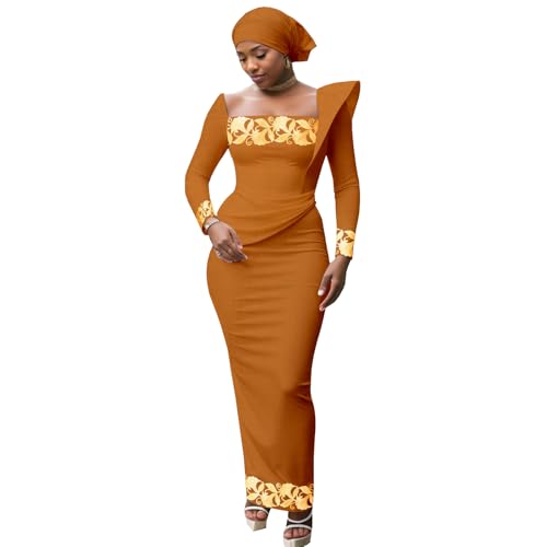 Image of African Dresses for Women High Waist Embroidery Elegant Traditional Midi Dress with Headscarf