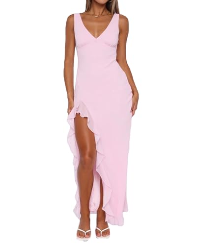 Image of houstil Women's Casual Summer Dress Strap Ruffle Beach Party Maxi Cocktail Evening Holiday Wedding Guest Dresses