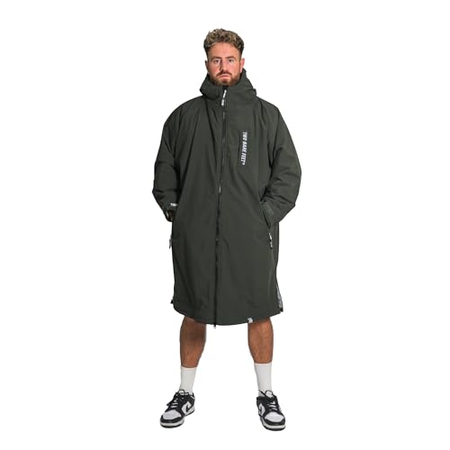 Two Bare Feet Waterproof Changing Robe with Changing Mat for Kids & Adults, Hooded Sherpa Fleece Lined, Windproof Outdoor Coat for Swimming, Surfing, Beach (Medium, Khaki/Grey)