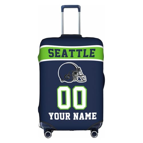 Image of Custom Seattle Luggage Cover Personalized Football Style Suitcase Cover with Name Number Customized Washable Elastic Sports Travel Suitcase Protector for Business Vacation Gifts