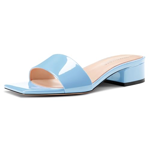 Image of TNYNFBEB Womens Chunky Block Low Heel Open Square Toe Sandals Mules Shoes Slip-on Prom Party Dress Patent Leather 1.4 Inches Heels